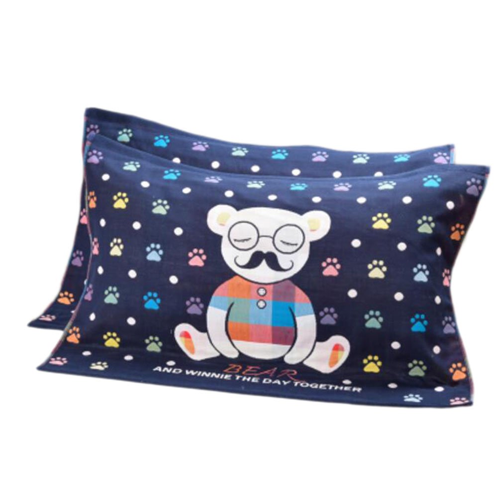 2 PCS Cotton Three Layer Thicken Pillow Towel Soft Pillow Blanket Protector Best Skin Care, Deep Blue Bear