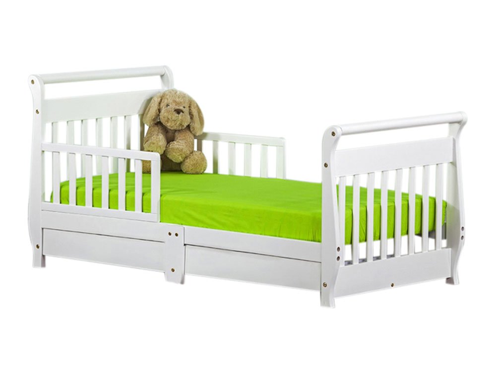 Dream On Me, Sleigh Toddler Bed w/ Storage Drawer, White