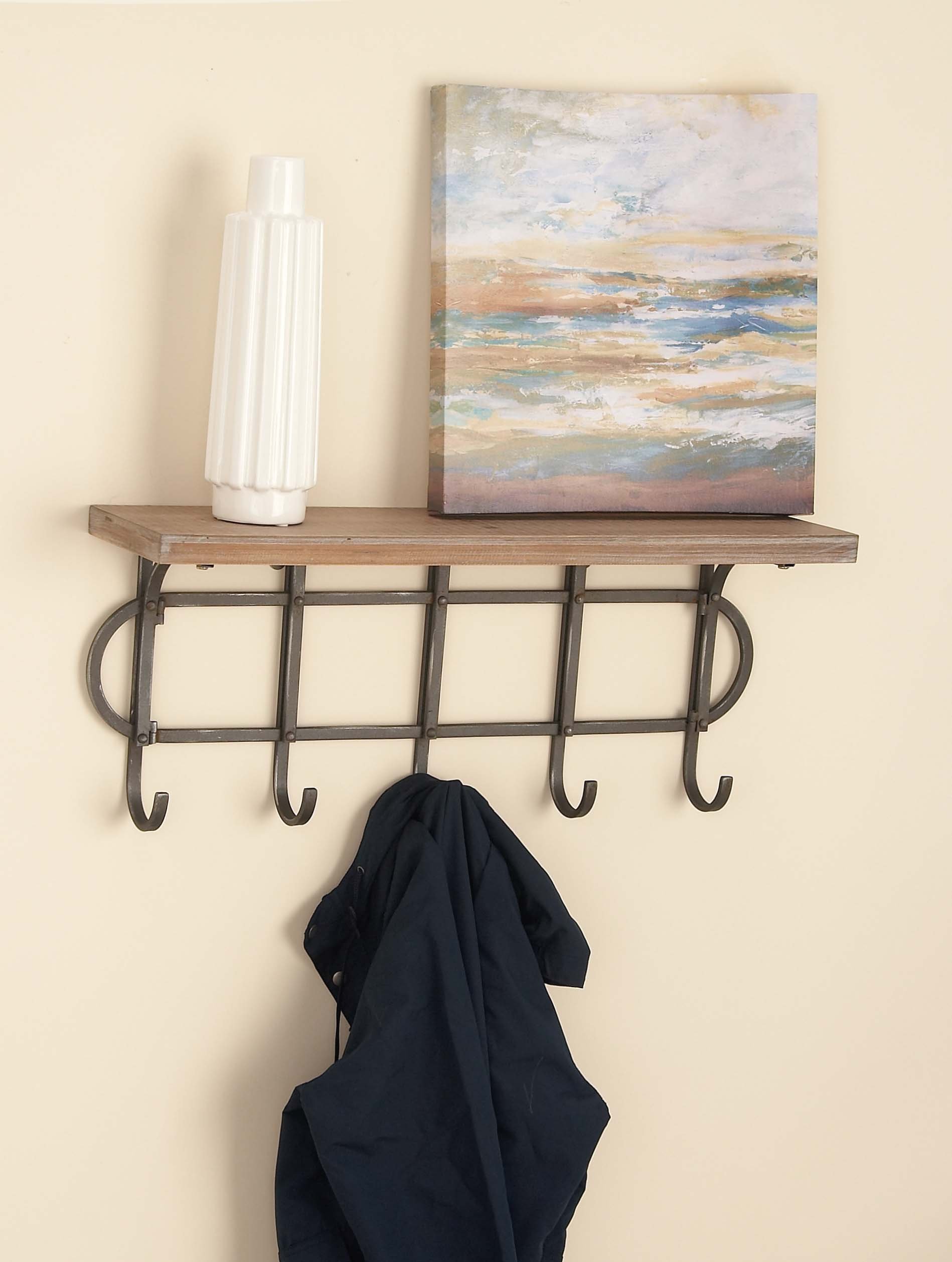 Simplistically designed wood wall shelf, metal